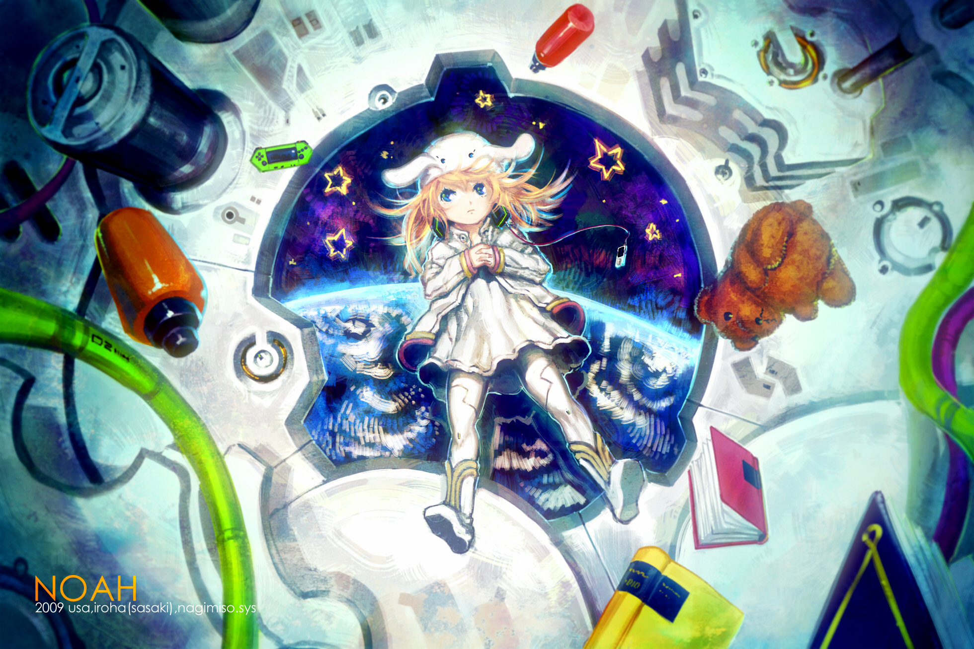 nagimiso, highres, 1girl, animal hat, blonde hair, blue eyes, blurry, bonnet, book, boots, cable, child, depth of field, female focus, full body, hat, headphones, indoors, interlocked fingers, long hair, own hands together, solo, song name, space, spacecraft, spacecraft interior, stuffed animal, stuffed toy, teddy bear, white boots, white hat