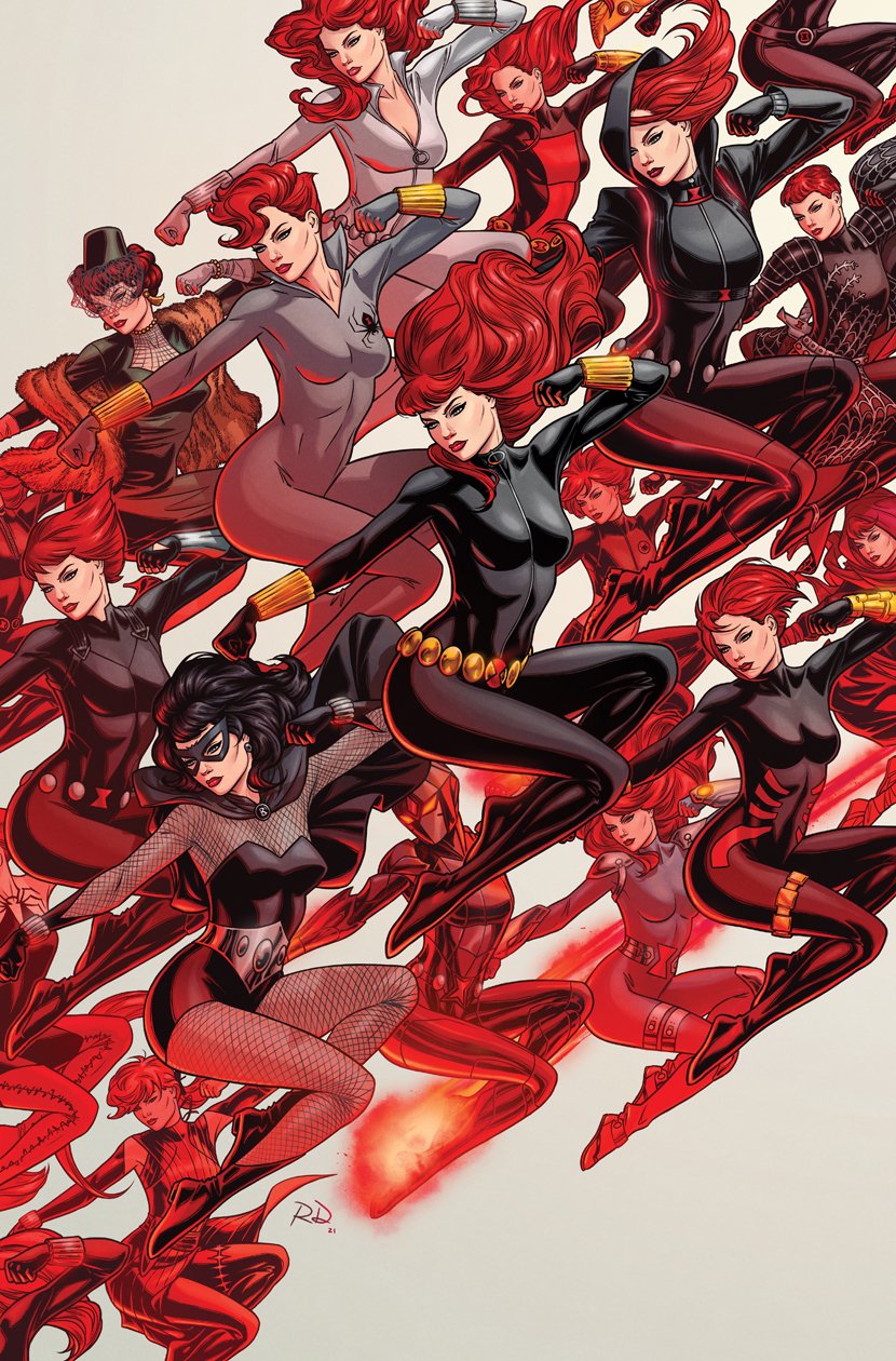 russell dauterman, black widow, natasha romanoff, avengers (series), marvel, comic cover, commentary, english commentary, highres, official art, 1girl, armor, black bodysuit, black dress, black hair, blue leotard, blunt bangs, bodystocking, bodysuit, braid, breasts, cleavage, domino mask, dress, eye mask, fishnet bodystocking, fishnets, fur shawl, grey background, grey bodysuit, leotard, long hair, looking to the side, mask, medium breasts, multiple persona, official alternate costume, red hair, shawl, short hair, strapless, strapless leotard, white bodysuit