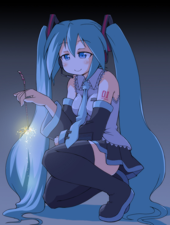 naitou kouse, hatsune miku, vocaloid, 1girl, aqua eyes, aqua hair, boots, detached sleeves, female focus, fireworks, full body, gradient background, headphones, headset, legs, long hair, necktie, senkou hanabi, skirt, smile, solo, sparkler, thigh boots, thighhighs, twintails, very long hair, zettai ryouiki