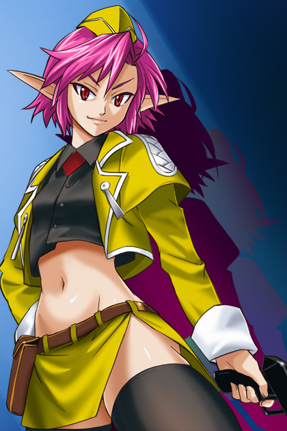 haruyama kazunori, wink (endless frontier), banpresto, super robot wars, super robot wars og saga: endless frontier, super robot wars og saga mugen no frontier, uniform, garrison cap, gun, half-shirt, hat, holster, midriff, miniskirt, navel, pink hair, pointy ears, red eyes, short hair, skirt, thighhighs, weapon, wink (srw), wink (super robot wars), zettai ryouiki