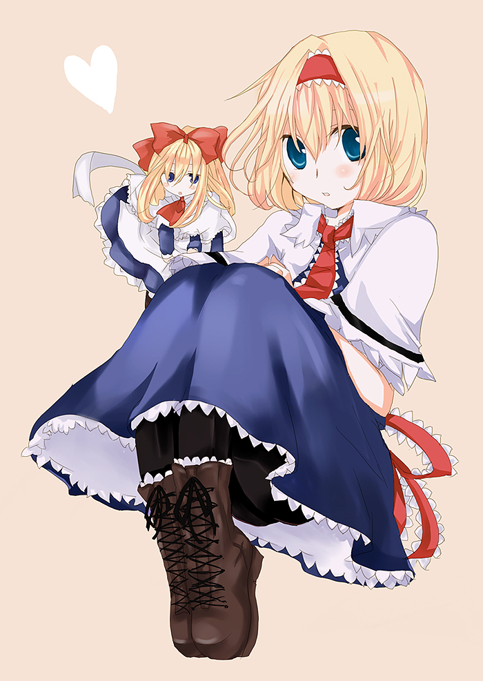 poprication, alice margatroid, shanghai doll, touhou, bad id, bad pixiv id, 2girls, blonde hair, blue eyes, boots, doll, female focus, hairband, long hair, multiple girls, panties, panties under pantyhose, pantyhose, popri, short hair, underwear