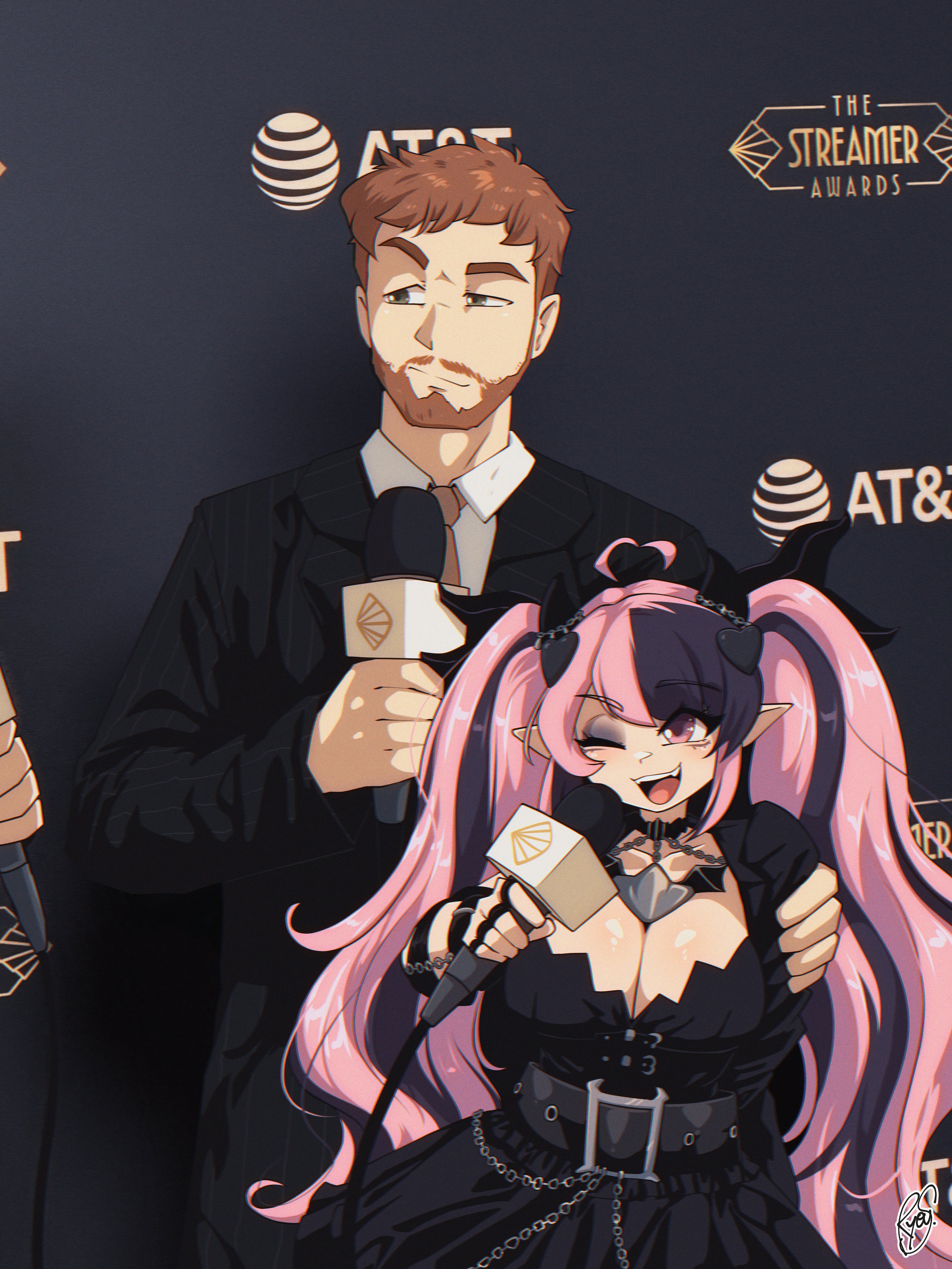 ryou sakai, cdawgva, ironmouse, at&t, trash taste, absurdres, highres, 1boy, 1girl, ahoge, beard, belt, black eyeshadow, breasts, chain, cleavage, demon girl, demon horns, eyeshadow, facial hair, hair ornament, heart, heart ahoge, heart hair ornament, horns, looking at viewer, makeup, microphone, multicolored hair, open mouth, pink hair, purple eyes, streaked hair, virtual youtuber