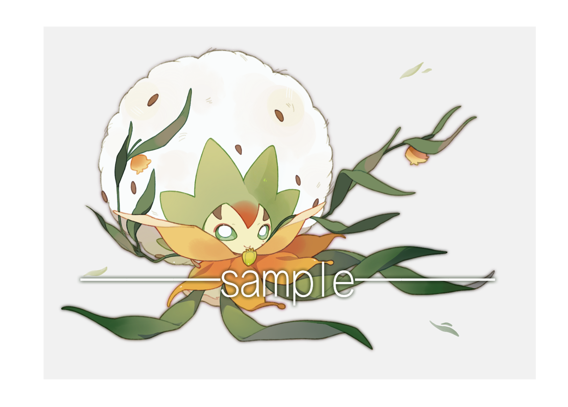 eldegoss, nintendo, original, pokemon, chinese commentary, commentary request, commission, highres, alternate color, alternate shiny pokemon, border, colored sclera, dandelion, flower, full body, gen 8 pokemon, green sclera, grey background, kamier586, looking at viewer, no humans, pokemon (creature), pokemon focus, sample watermark, simple background, solo, watermark, white border, white eyes, yellow flower