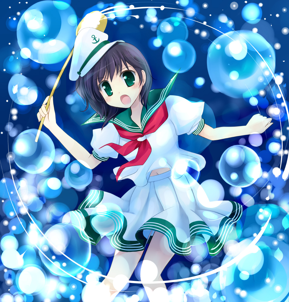 natsukawa sarasa, murasa minamitsu, touhou, bad id, bad pixiv id, 1girl, black hair, bubble, female focus, green eyes, hat, hishaku, ladle, sailor, sailor collar, sailor hat, short hair, solo, underwater