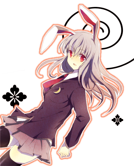 lacie, ma (pixiv), reisen udongein inaba, touhou, bad id, bad pixiv id, 1girl, animal ears, blazer, female focus, jacket, long hair, necktie, purple hair, rabbit ears, red eyes, skirt, solo, thighhighs, white background, zettai ryouiki