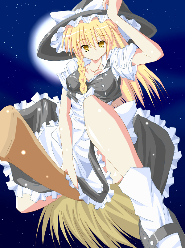 luna (gunfire), kirisame marisa, touhou, 1girl, blonde hair, braid, breasts, broom, female focus, gradient background, hat, long hair, outdoors, sky, solo, witch, witch hat, yellow eyes