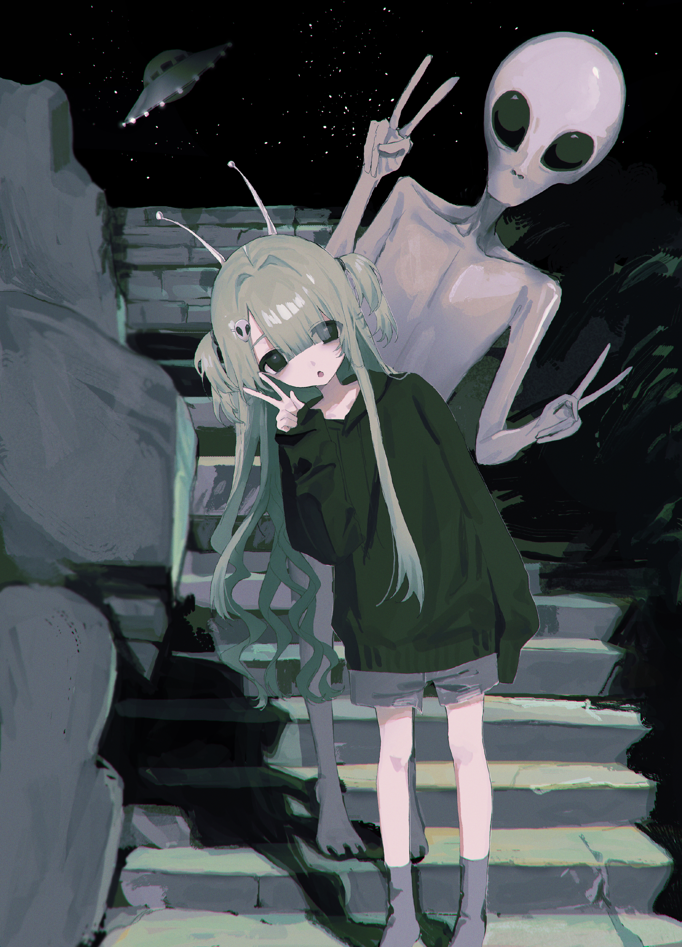 hayu (hayu0305), original, absurdres, highres, 1girl, alien, alien hair ornament, antennae, black eyes, double v, grey alien, grey shorts, hand up, hands up, hood, hood down, hoodie, leaning to the side, long hair, long sleeves, looking at viewer, night, outdoors, shorts, stairs, standing, two side up, ufo, v