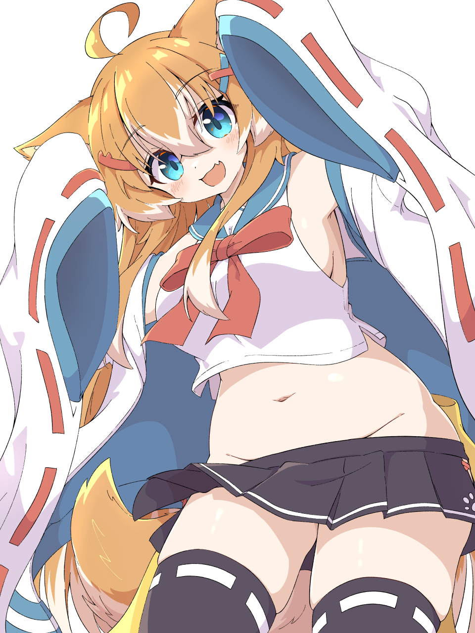 toramaru2001710, original, highres, 1girl, ahoge, animal ear fluff, animal ears, aqua eyes, arms up, belly, black skirt, black thighhighs, blue sailor collar, bow, bowtie, breasts, cowboy shot, cropped shirt, fang, groin, hair between eyes, hair ornament, hairclip, jacket, jacket partially removed, large breasts, light blush, long hair, looking at viewer, miniskirt, multicolored hair, navel, no panties, open clothes, open jacket, open mouth, orange hair, pleated skirt, red bow, red bowtie, red ribbon, ribbon, ribbon-trimmed sleeves, ribbon-trimmed thighhighs, ribbon trim, sailor collar, shirt, side slit, sidelocks, simple background, skin fang, skindentation, skirt, sleeveless, sleeveless shirt, sleeves past fingers, sleeves past wrists, smile, solo, tail, thighhighs, two-tone hair, very long hair, white background, white hair, white jacket, white shirt, wide sleeves, x hair ornament, zettai ryouiki