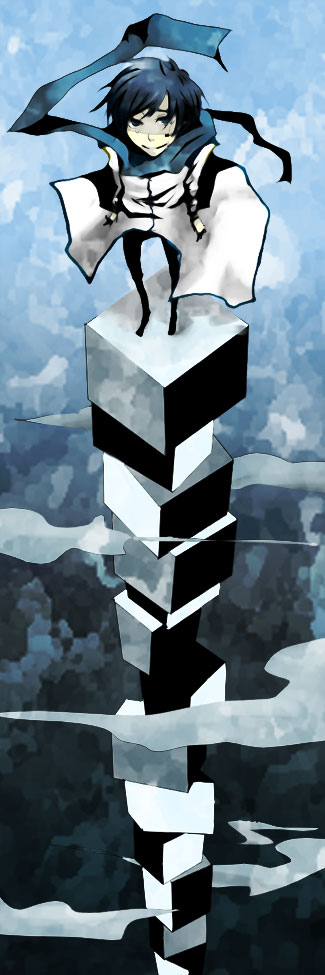 kaito (vocaloid), vocaloid, long image, tall image, 1boy, blue hair, box, male focus, outdoors, scarf, sky, solo