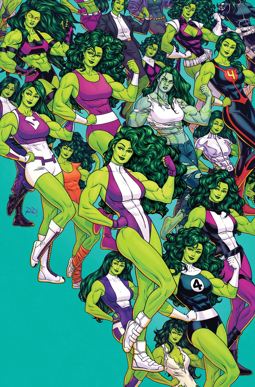 russell dauterman, jennifer walters, she-hulk, avengers (series), fantastic four, marvel, comic cover, commentary, english commentary, highres, official art, 1girl, abs, aqua background, aqua skin, black sports bra, blue leotard, bodysuit, breasts, cleavage, cleavage cutout, clothing cutout, colored sclera, colored skin, denim, fingerless gloves, flexing, floating hair, gloves, glowing, glowing eyes, green hair, green skin, jeans, leotard, long hair, medium breasts, multicolored bodysuit, multicolored leotard, multiple persona, muscular, muscular female, official alternate costume, pants, purple gloves, shirt, sports bra, torn clothes, torn jeans, torn pants, torn shirt, white gloves, white shirt, yellow sclera