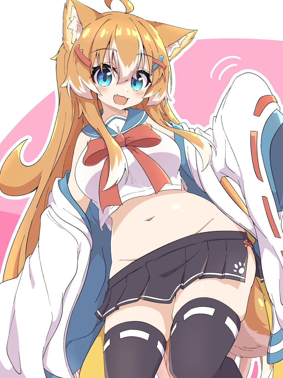toramaru2001710, original, highres, 1girl, ahoge, animal ear fluff, animal ears, aqua eyes, belly, black skirt, black thighhighs, blue sailor collar, bow, bowtie, breasts, cropped shirt, fang, feet out of frame, groin, hair between eyes, hair ornament, hairclip, jacket, jacket partially removed, large breasts, light blush, long hair, looking at viewer, miniskirt, motion lines, multicolored hair, navel, open clothes, open jacket, open mouth, orange hair, pink background, pleated skirt, red bow, red bowtie, red ribbon, ribbon, ribbon-trimmed sleeves, ribbon-trimmed thighhighs, ribbon trim, sailor collar, shirt, side slit, sidelocks, skin fang, skindentation, skirt, sleeveless, sleeveless shirt, sleeves past fingers, sleeves past wrists, smile, solo, tail, thighhighs, two-tone hair, very long hair, waving, white background, white hair, white jacket, white shirt, wide sleeves, x hair ornament, zettai ryouiki