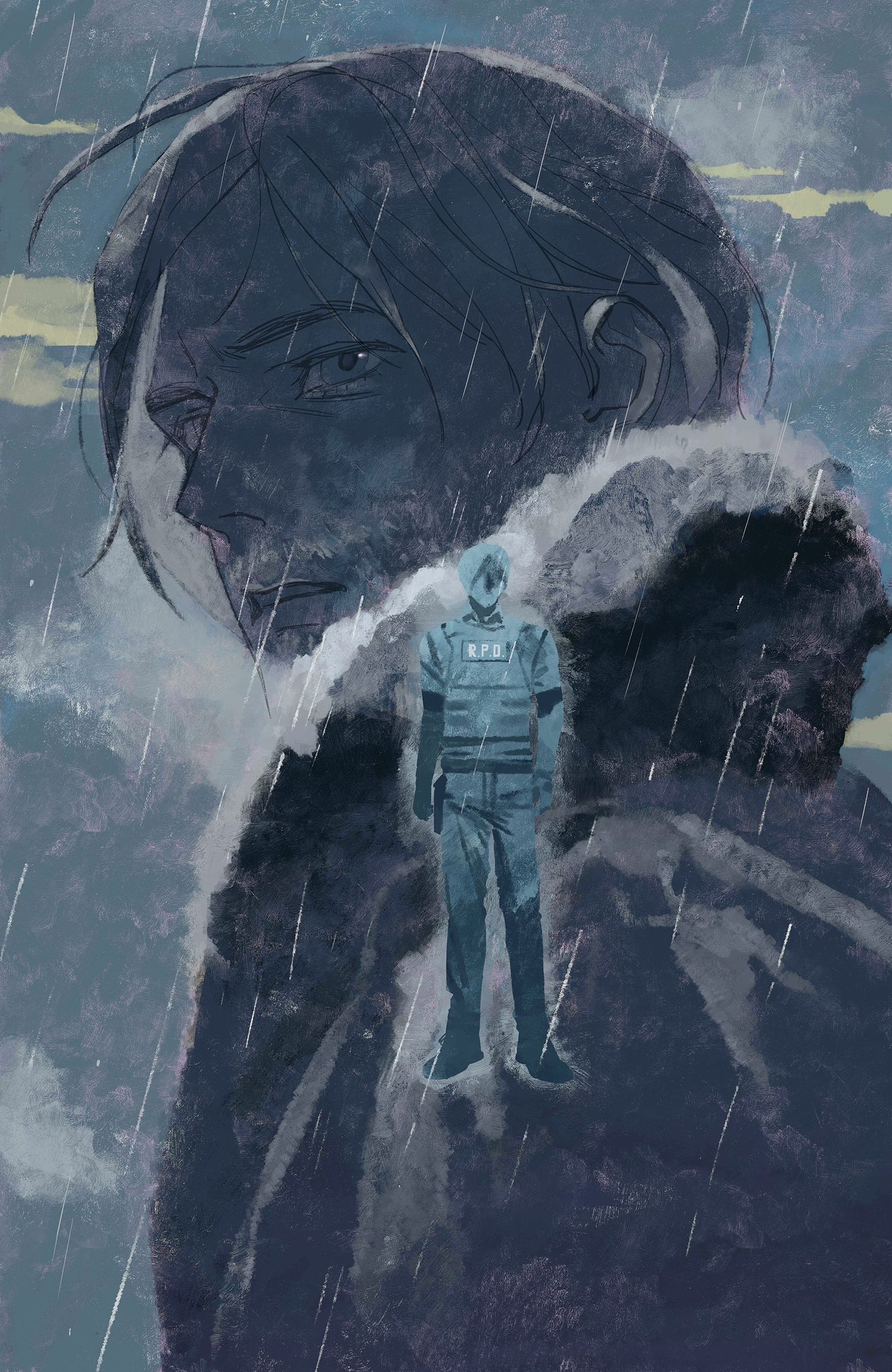 xianyu chuan, leon s. kennedy, resident evil, resident evil 2, resident evil requiem, highres, 1boy, facial hair, jacket, male focus, old, old man, police, police uniform, rain, solo