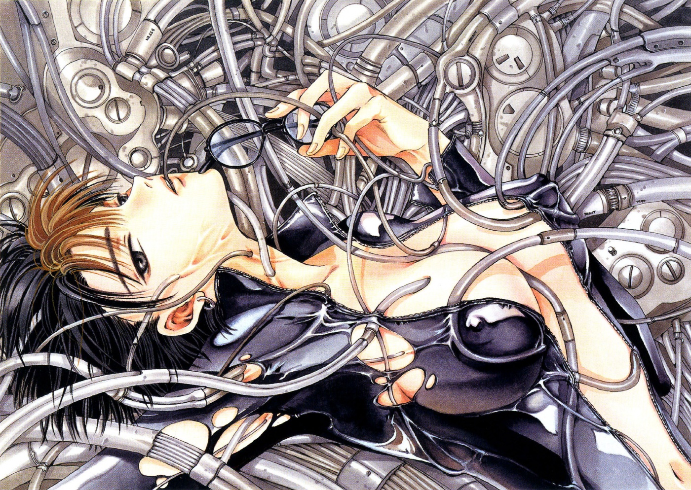 clamp, yatouji satsuki, x/1999, x (manga), marker (medium), official art, traditional media, 1girl, between breasts, black hair, breasts, brown hair, cable, cleavage, covered erect nipples, female focus, glasses, grey eyes, large breasts, lying, machine, nipples, open clothes, short hair, solo, torn clothes, tube, unzipped, veins, wire