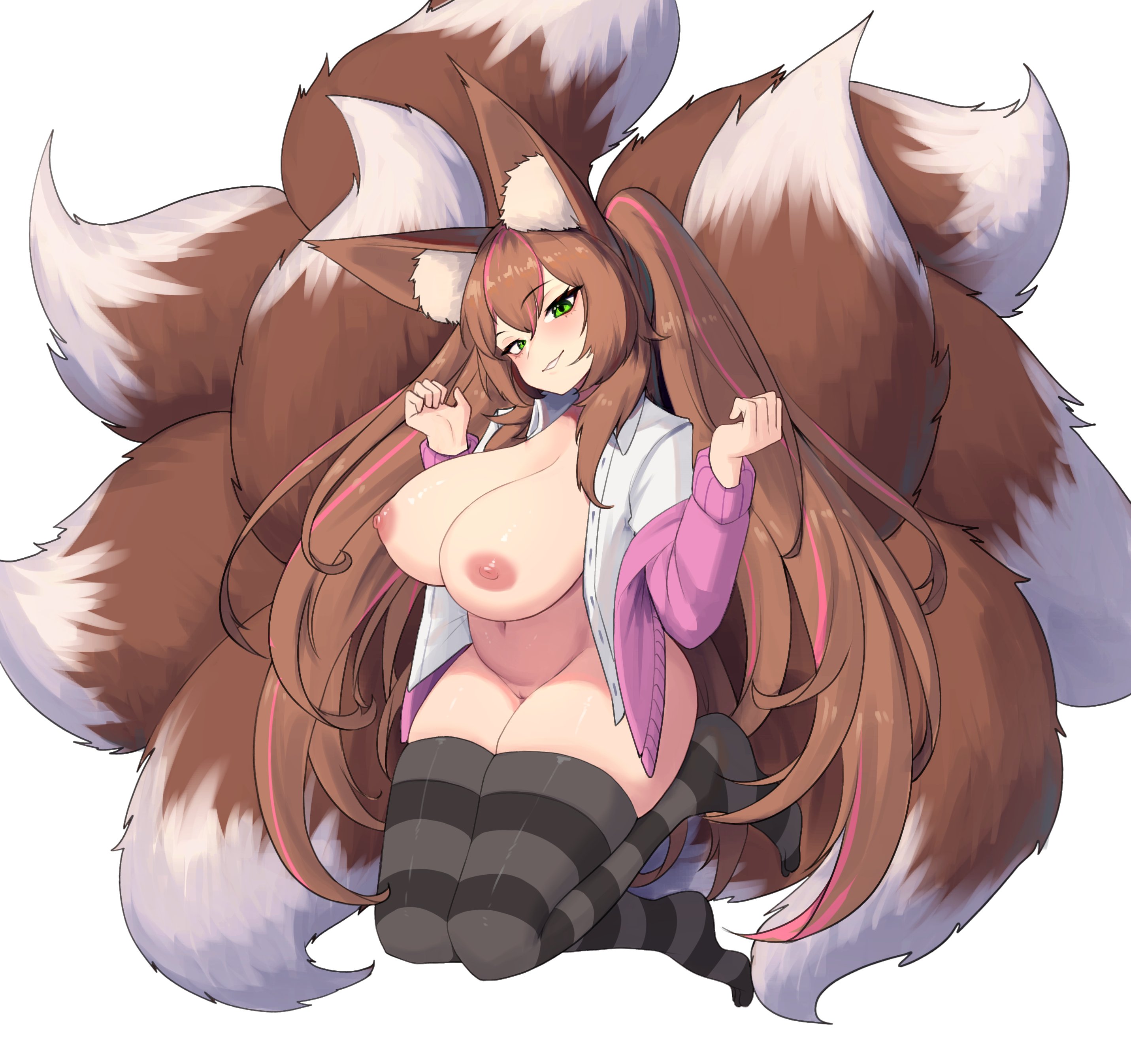 rajah (dajah), plushmallow, original, absurdres, commentary, commission, english commentary, highres, 1girl, animal ear fluff, animal ears, black thighhighs, breasts, brown hair, cardigan, cleft of venus, double-parted bangs, fox ears, fox girl, fox tail, full body, green eyes, hair between eyes, hands up, huge breasts, kitsune, kyuubi, large tail, long hair, looking at viewer, multiple tails, nipples, no shoes, nude, open cardigan, open clothes, open shirt, parted lips, pink cardigan, pussy, shirt, simple background, skindentation, smile, solo, striped clothes, striped thighhighs, tail, thighhighs, thighs, twintails, very long hair, white background, white shirt
