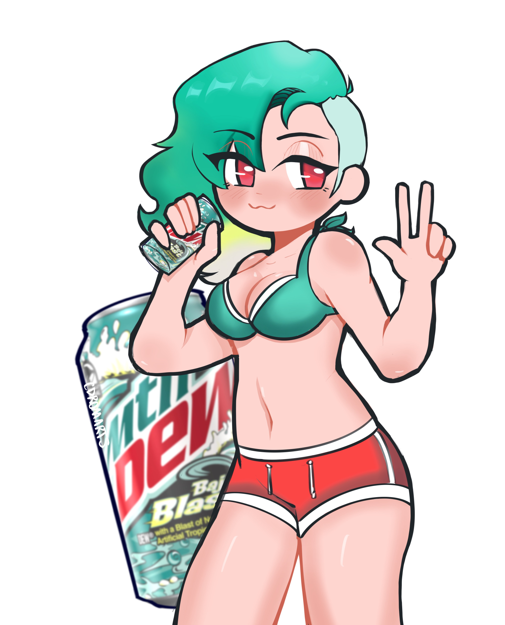 cdromarts, mountain dew, original, commentary, english commentary, highres, second-party source, 1girl, :3, aqua bikini, asymmetrical hair, bikini, bikini top only, blush, breasts, can, cleavage, closed mouth, drink can, eyelashes, holding, holding can, long hair, navel, red eyes, red shorts, shorts, sidecut, simple background, smile, soda can, solo, stomach, swimsuit, undercut, w, white background