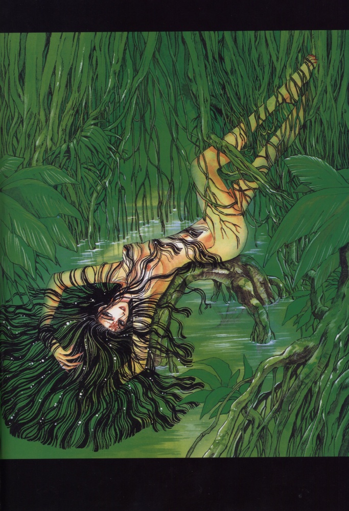 clamp, kanoe (x), kanoe (x/1999), x/1999, x (manga), official art, 1girl, armpits, barefoot, black hair, breasts, female focus, green theme, letterboxed, long hair, nipples, nude, plant roots, solo, very long hair