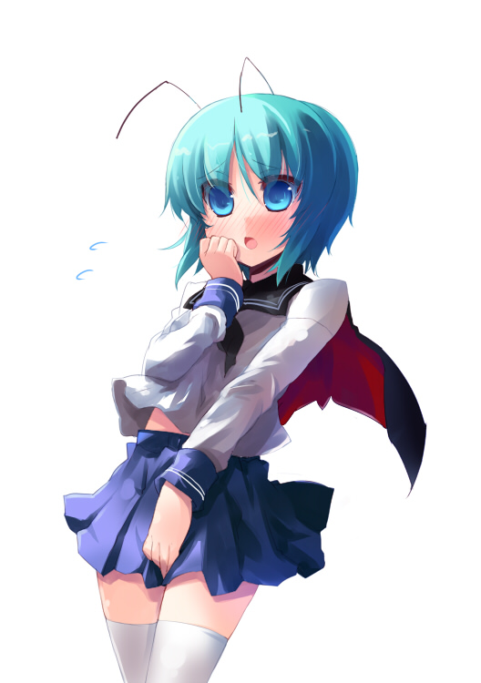 shin (new), wriggle nightbug, touhou, 1girl, adapted costume, antennae, blue eyes, blush, cape, female focus, green hair, school uniform, short hair, simple background, skirt, solo, thighhighs, white background