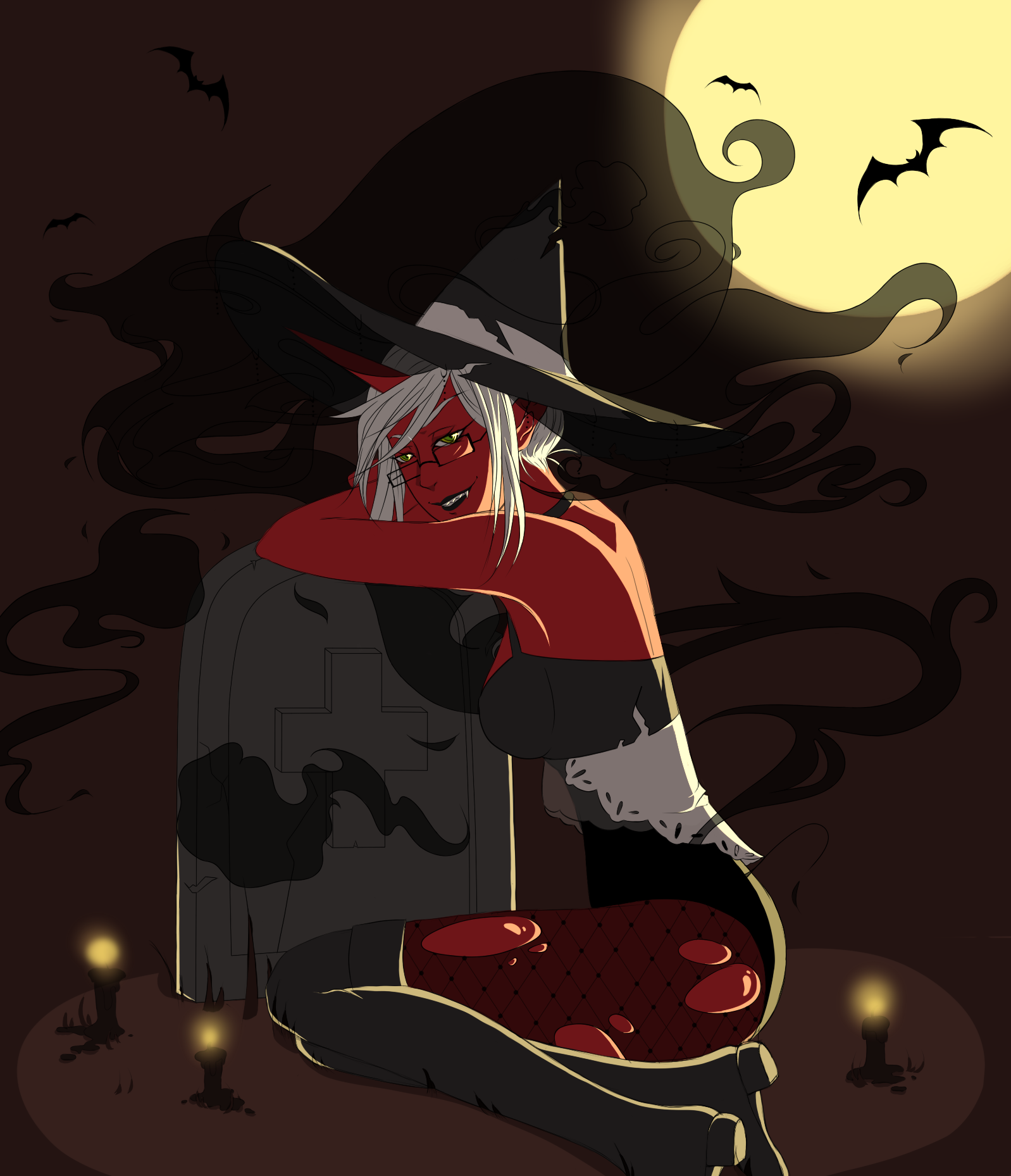 kneesocks (psg), panty & stocking with garterbelt, highres, third-party source, 1girl, bat (animal), black boots, boots, breasts, candle, colored skin, demon girl, fishnet pantyhose, fishnets, full moon, glasses, hat, horns, lapin (drawfrag), long hair, medium breasts, moon, outdoors, pantyhose, red skin, sharp teeth, short hair, sitting, solo, teeth, thigh boots, tombstone, torn clothes, torn pantyhose, white hair, witch, witch hat, yellow eyes