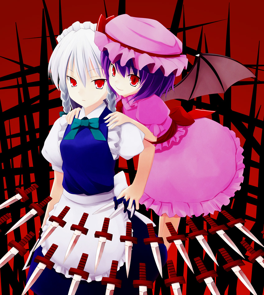 akai ronii, izayoi sakuya, remilia scarlet, embodiment of scarlet devil, touhou, bad id, bad pixiv id, 2girls, female focus, hat, knife, multiple girls, red eyes, throwing knife, weapon