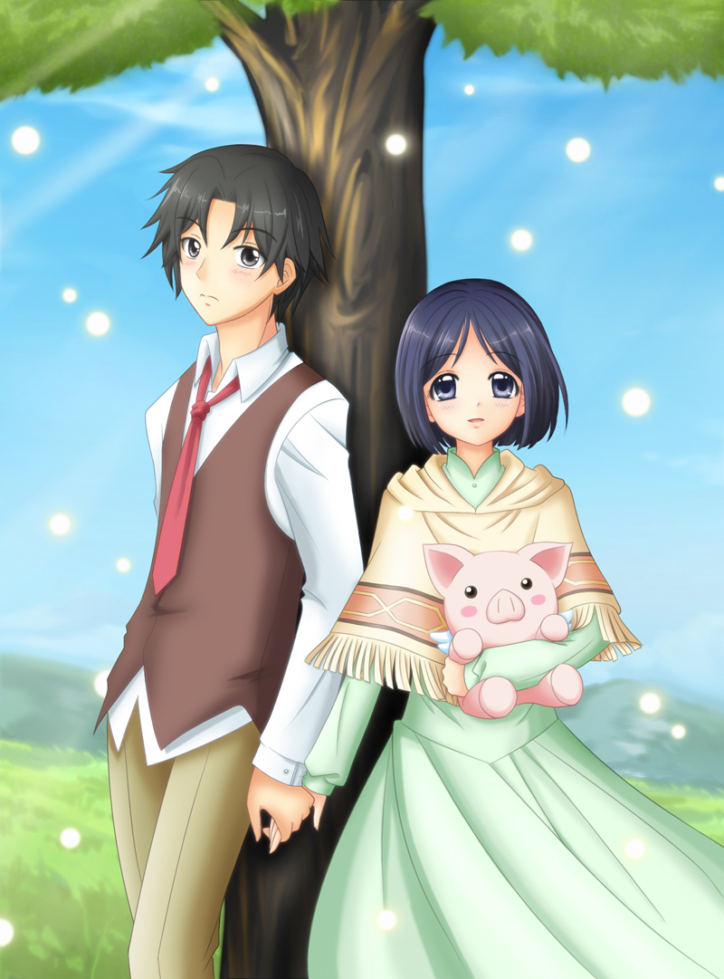 hyunjoong, mizumohikari, isara gunther, porcavian, ramal valt, senjou no valkyria, senjou no valkyria (series), senjou no valkyria 1, 00s, black hair, blue eyes, blue hair, blush, dress, holding hands, necktie, pig, shawl, short hair, tree, vest