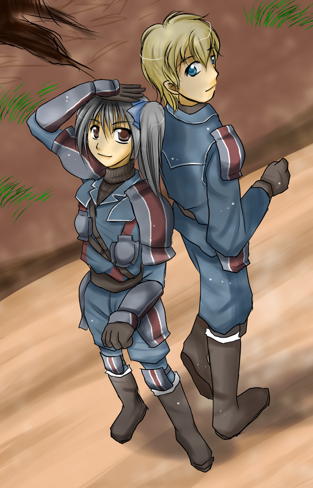 hazime akira, edy nelson, homer peron, senjou no valkyria, senjou no valkyria (series), senjou no valkyria 1, 00s, 1boy, 1girl, blonde hair, blue eyes, blue ribbon, brown eyes, full body, grey hair, long hair, military, military uniform, outdoors, plant, ribbon, short hair, standing, twintails