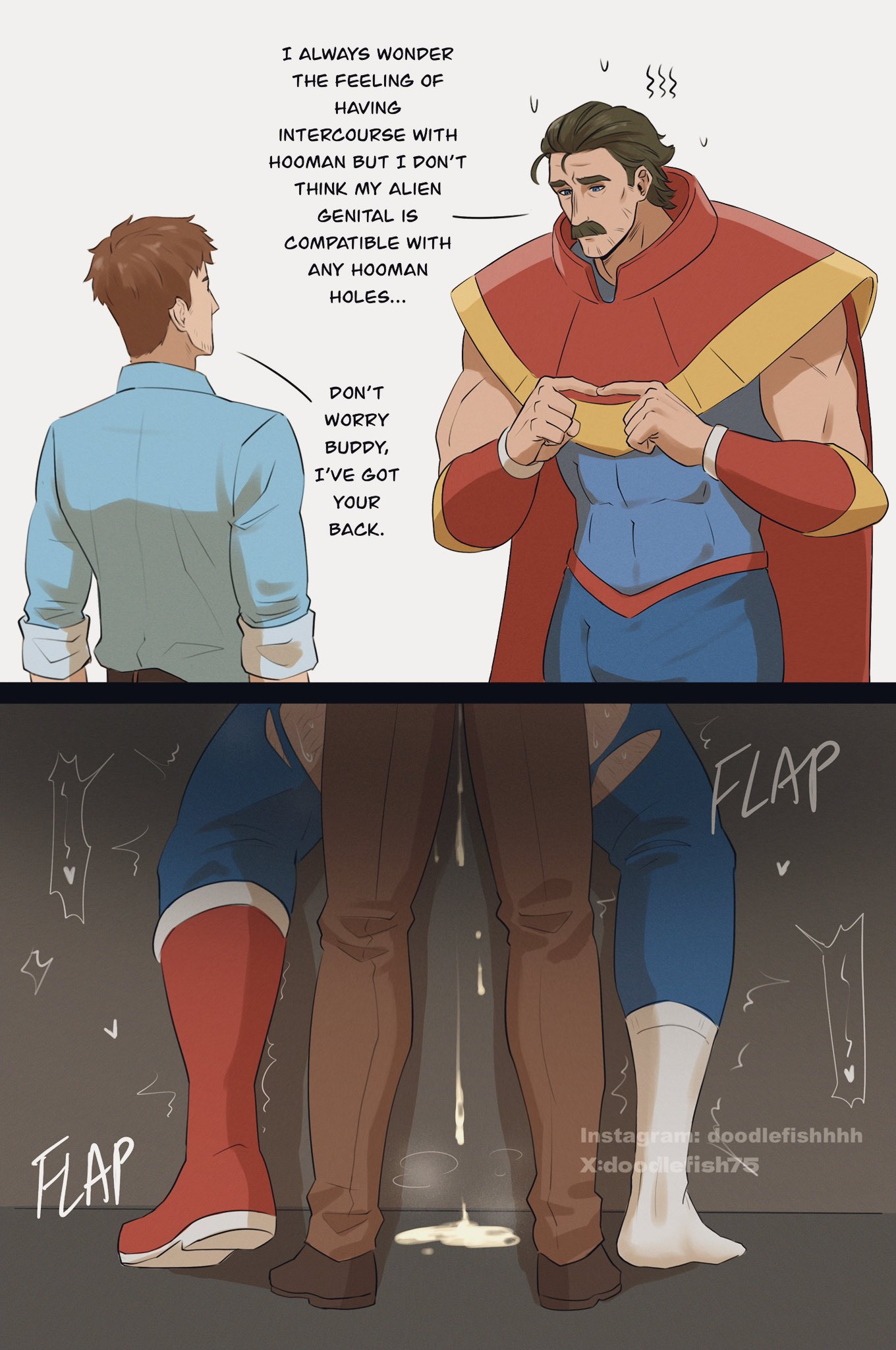 doodlefish, phenomaman (dispatch), robert robertson, dispatch, commentary, english commentary, highres, 2boys, abs, anal, barefoot, blue bodysuit, blue shirt, bodysuit, boots, brown hair, brown pants, bulge, cape, clothed sex, collared shirt, cum, cum on floor, cum overflow, english text, hair slicked back, heart, male focus, male penetrated, multiple boys, muscular, muscular male, muscular uke, nervous sweating, pants, red boots, red cape, sex, shirt, shoes, short hair, single shoe, speech bubble, standing, standing sex, superhero costume, sweat, torn clothes, trembling, yaoi