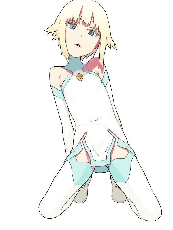 hijiri rei, juno (element hunters), element hunters, 00s, 1girl, bare shoulders, blonde hair, blue eyes, clothing cutout, crotch cutout, female focus, halterneck, head tilt, kneeling, short hair, solo, thighhighs, white background