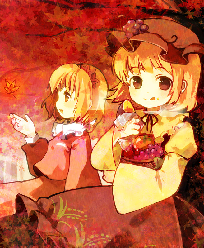 chaba (hortensia), aki minoriko, aki shizuha, touhou, 2girls, blonde hair, eating, female focus, hair ornament, hat, leaf, leaf hair ornament, maple leaf, multiple girls, red eyes, short hair, siblings, sisters, yellow eyes
