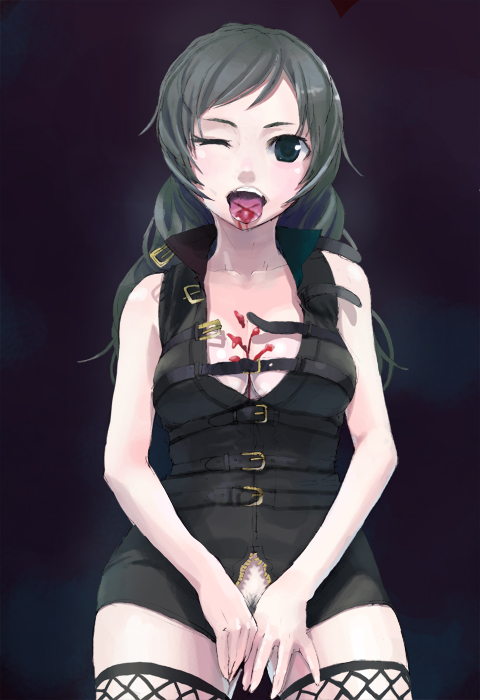 sasaki toshiyuki, bad id, bad pixiv id, 1girl, black hair, breasts, cleavage, female focus, female pubic hair, fishnets, long hair, medium breasts, one eye closed, pubic hair, solo, thighhighs, tongue, wink