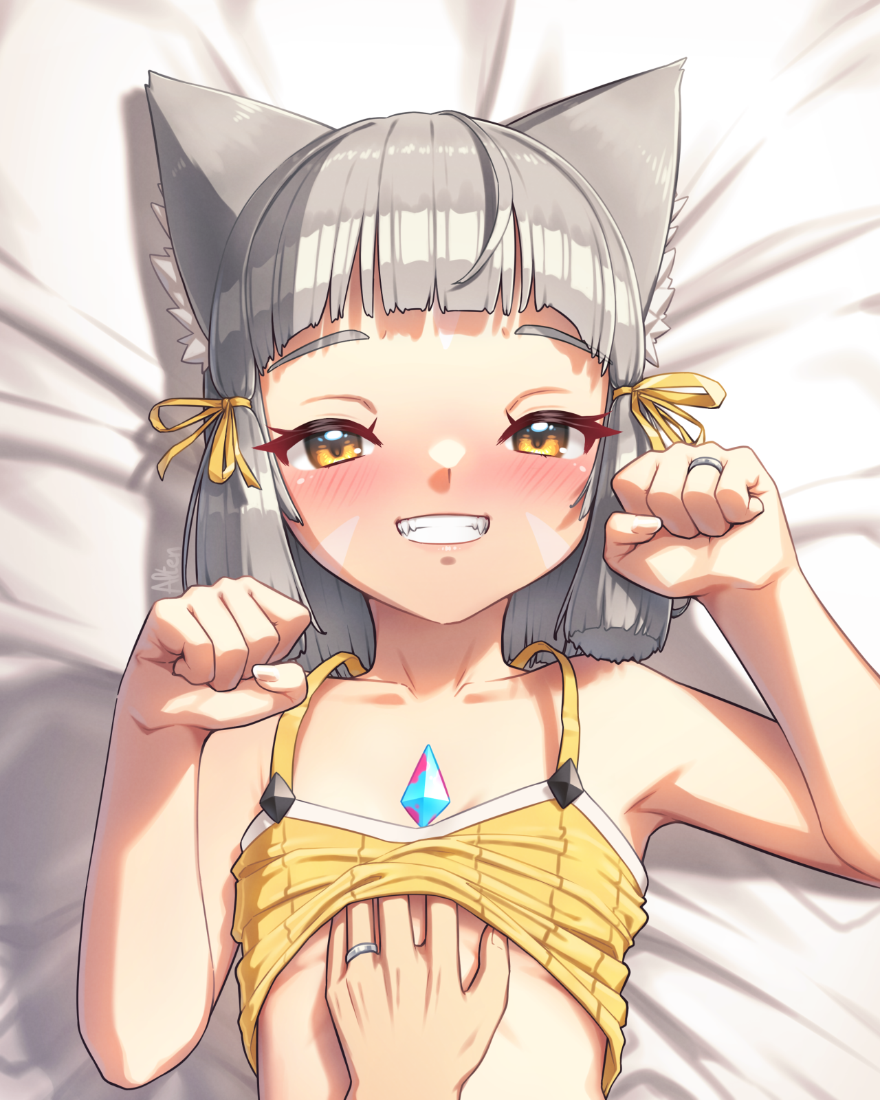 alten, nia (xenoblade), rex (xenoblade), xenoblade chronicles (series), xenoblade chronicles 2, commentary, english commentary, highres, 1girl, :d, animal ear fluff, animal ears, bed, belly rub, blunt bangs, blunt tresses, blush, breasts, cat ears, cat girl, core crystal (xenoblade), dated commentary, from above, grey hair, grin, half-closed eyes, heart, hetero, jewelry, looking at viewer, lying, on back, open mouth, pov, pov hands, ring, shirt, short hair, sleeveless, sleeveless shirt, small breasts, smile, solo focus, wedding ring, yellow eyes, yellow shirt