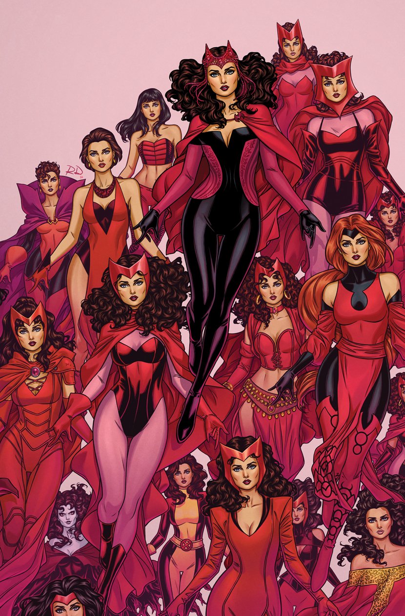 russell dauterman, scarlet witch, wanda maximoff, avengers (series), marvel, x-men, comic cover, commentary, english commentary, highres, official art, 1girl, black bodysuit, blunt bangs, bodysuit, boots, breasts, brown hair, bustier, cape, cleavage, colored skin, curly hair, dress, earrings, gloves, gold earrings, green eyes, grey skin, hoop earrings, jewelry, leotard, long hair, looking at viewer, medium breasts, midriff, multicolored bodysuit, multiple persona, navel, off-shoulder dress, off shoulder, official alternate costume, orange hair, pants, pink background, pink bodysuit, purple cape, red boots, red bustier, red cape, red dress, red gloves, red leotard, red lips, red pants, red theme, short hair, western comics (style), yellow bodysuit
