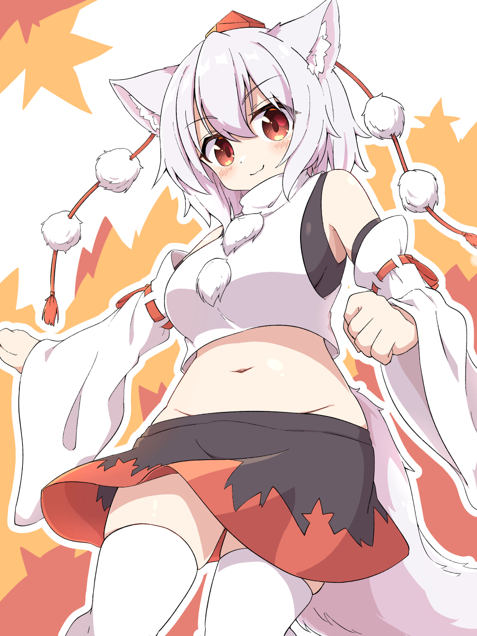 toramaru2001710, inubashiri momiji, touhou, highres, 1girl, :3, animal ear fluff, animal ears, black skirt, breasts, clenched hand, cropped shirt, detached sleeves, double-parted bangs, feet out of frame, groin, hair between eyes, hat, light blush, looking at viewer, medium breasts, navel, pom pom (clothes), red eyes, red hat, shirt, short hair, skirt, sleeveless, sleeveless shirt, smile, solo, tail, thighhighs, tokin hat, white hair, white shirt, white thighhighs, wide sleeves, wolf ears, wolf girl, wolf tail