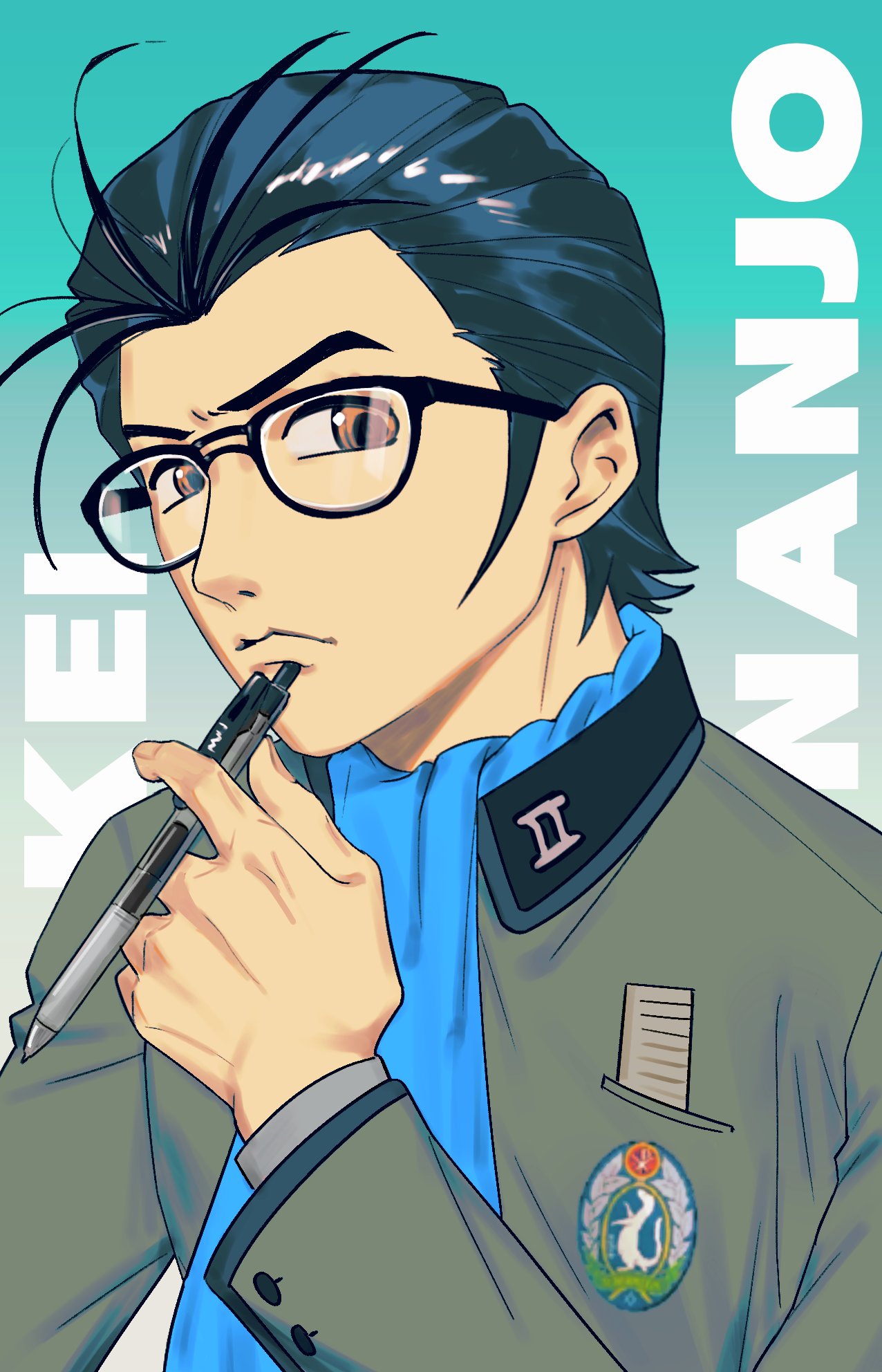 nanjou kei, persona, persona 1, chinese commentary, commentary request, highres, 1boy, aqua background, ascot, black-framed eyewear, black hair, blue ascot, brown eyes, catfish05, character name, closed mouth, glasses, gradient background, green jacket, holding, holding pen, jacket, long sleeves, looking at viewer, male focus, pen, pen to chin, school uniform, short hair, simple background, solo, st. hermelin school uniform, upper body