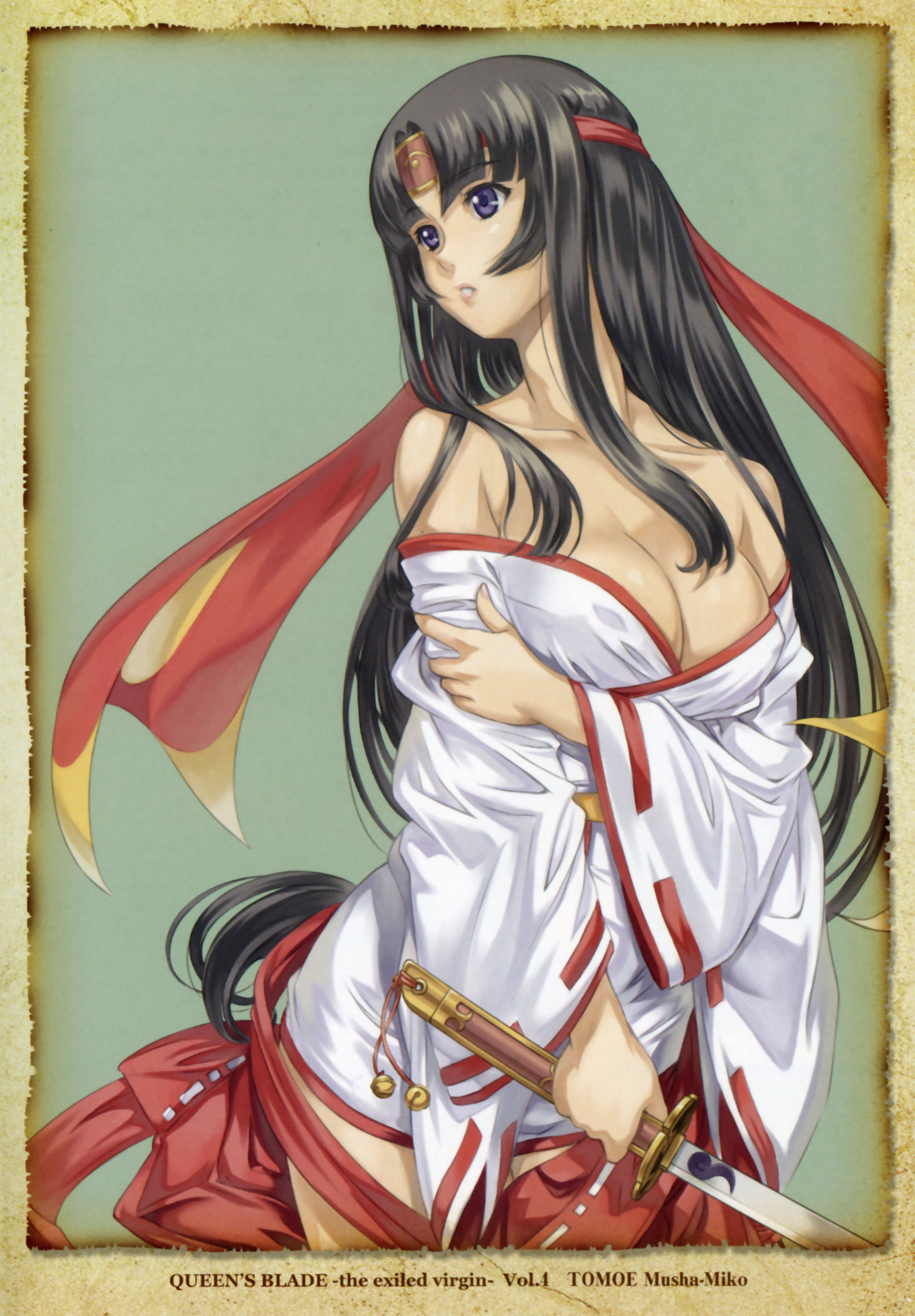 eiwa, musha miko tomoe, tomoe (queen's blade), queen's blade, absurdres, highres, 00s, 1girl, bare shoulders, black hair, breasts, cleavage, female focus, headband, japanese clothes, katana, kimono, kimono down, kimono pull, long hair, miko, off shoulder, purple eyes, ribbon-trimmed sleeves, ribbon trim, simple background, solo, sword, weapon