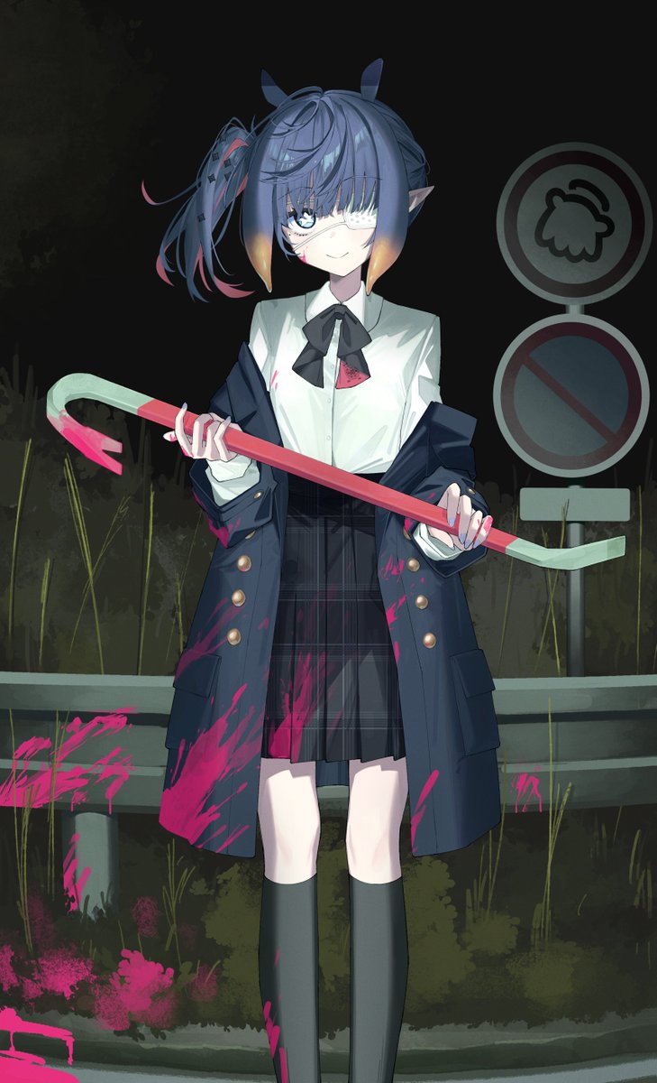 umiikuru, ninomae ina'nis, ninomae ina'nis (school uniform), takodachi (ninomae ina'nis), hololive, hololive english, holomyth, highres, 1girl, animal ears, black bow, black bowtie, black socks, blazer, blood, blood on clothes, blood on face, blood on ground, blood on hands, blood splatter, blood stain, bloody weapon, blue coat, blue eyes, blunt bangs, bow, bowtie, buttons, choppy bangs, coat, coat partially removed, collared shirt, crowbar, dark background, diamond hair ornament, eyepatch, flat chest, gradient hair, grass, hair ornament, hairpin, highway, holding, holding crowbar, jacket, kneehighs, lapel pin, long coat, long sleeves, looking at viewer, medical eyepatch, medium hair, mole, mole under eye, multicolored hair, nail polish, night, official alternate costume, official alternate hairstyle, orange hair, outdoors, pink blood, pink hair, pink nails, plaid clothes, plaid skirt, pleated skirt, pointy ears, ponytail, purple hair, road sign, school uniform, shirt, shirt tucked in, side ponytail, sidelocks, sign, skirt, smile, socks, solo, standing, star-shaped pupils, star (symbol), staring, symbol-shaped pupils, tentacle hair, tentacles, two-tone hair, virtual youtuber, weapon, white shirt