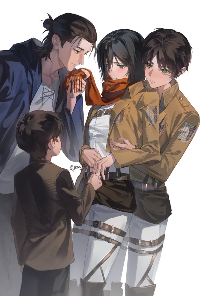 yun (dl2n5c7kbh8ihcx), eren yeager, mikasa ackerman, shingeki no kyojin, hashtag-only commentary, 1girl, 3boys, aged down, belt, belt buckle, black hair, black jacket, blue hoodie, blush, boots, brown boots, brown hair, brown jacket, buckle, cropped jacket, feet out of frame, green eyes, grey eyes, grey pants, hair between eyes, hair bun, holding, holding finger, hood, hood down, hoodie, hug, hug from behind, jacket, long sleeves, multiple boys, multiple persona, open clothes, open hoodie, open jacket, pants, paradis military uniform, parted lips, red scarf, scarf, shirt, short hair, standing, survey corps (emblem), thigh strap, twitter username, white background, white shirt