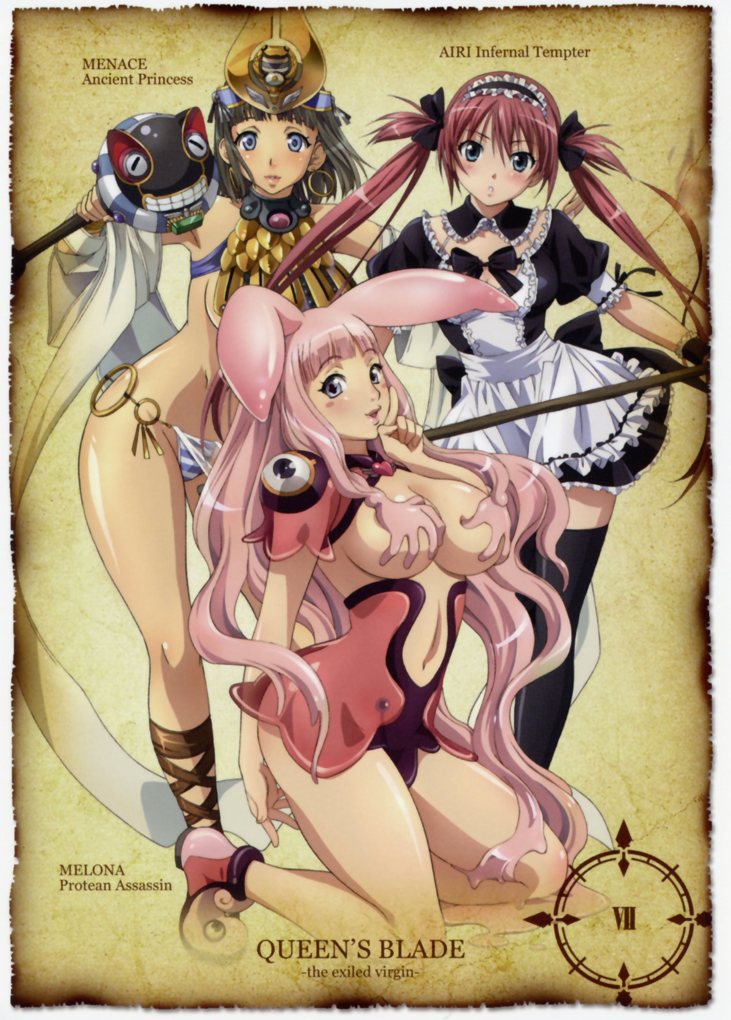 airi (queen's blade), airi (the infernal temptress), ancient princess menace, melona (queen's blade), menace (queen's blade), protean assassin melona, queen's blade, absurdres, highres, + +, 00s, 3girls, animal ears, black hair, blue eyes, blush stickers, breasts, cleavage, covering breasts, covering privates, grabbing another's breast, groping, jewelry, large breasts, legs, lips, long hair, maid, monster girl, multiple girls, panties, pink hair, prehensile hair, rabbit ears, red hair, revealing clothes, ribbon, sandals, scythe, short hair, slime girl, striped clothes, striped panties, thighhighs, underwear