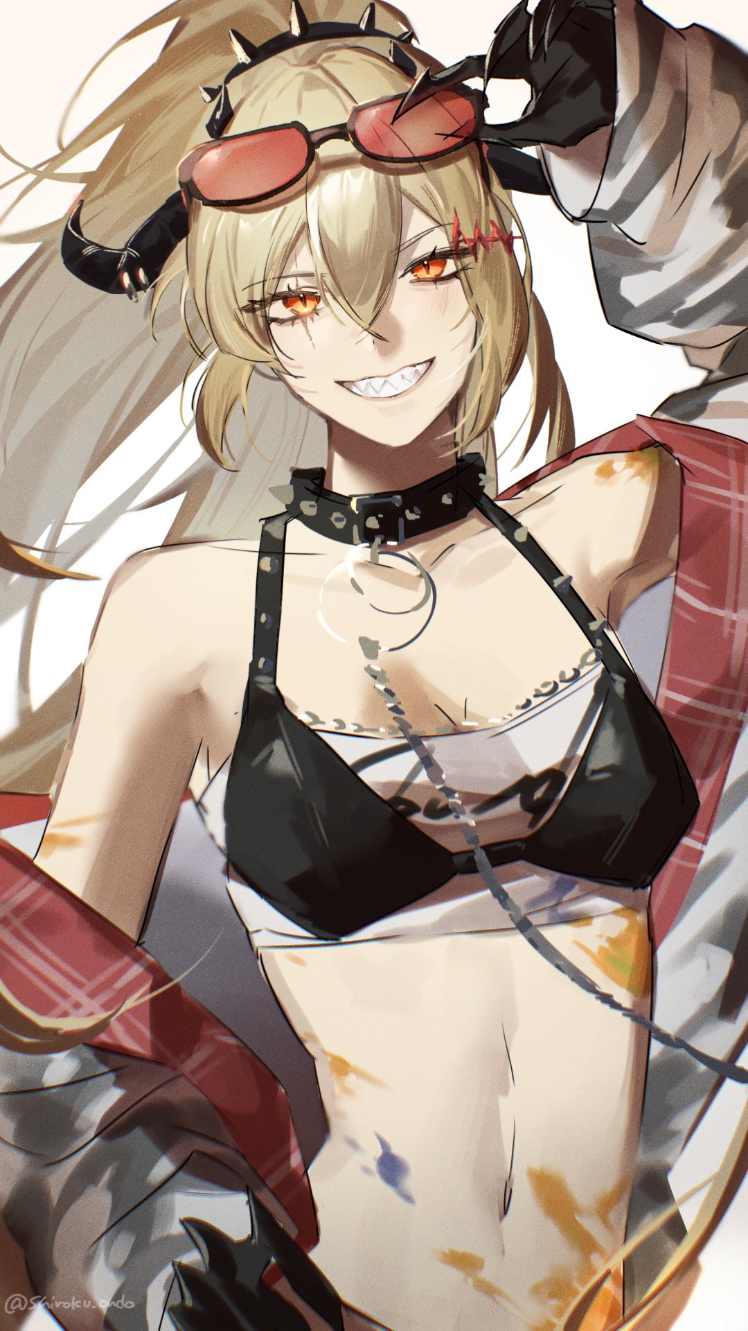 synex (path to nowhere), path to nowhere, commentary request, highres, 1girl, adjusting eyewear, animal collar, artist name, bare shoulders, black claws, black hands, blonde hair, breasts, chain, chain leash, cleavage, collar, collarbone, colored extremities, colored skin, crop top, crossed bangs, eyewear on head, hair between eyes, high ponytail, horn ornament, horns, jacket, leash, linea alba, long hair, looking at viewer, navel, off shoulder, official alternate costume, open clothes, open jacket, orange-tinted eyewear, orange eyes, paint splatter, parted lips, ponytail, scar, scar across eye, scar on face, sharp teeth, shiroku ondo, simple background, slit pupils, smile, solo, spiked collar, spiked hair ornament, spikes, stomach, straight-on, tank top, teeth, tinted eyewear, twitter username, upper body, very long hair, white jacket
