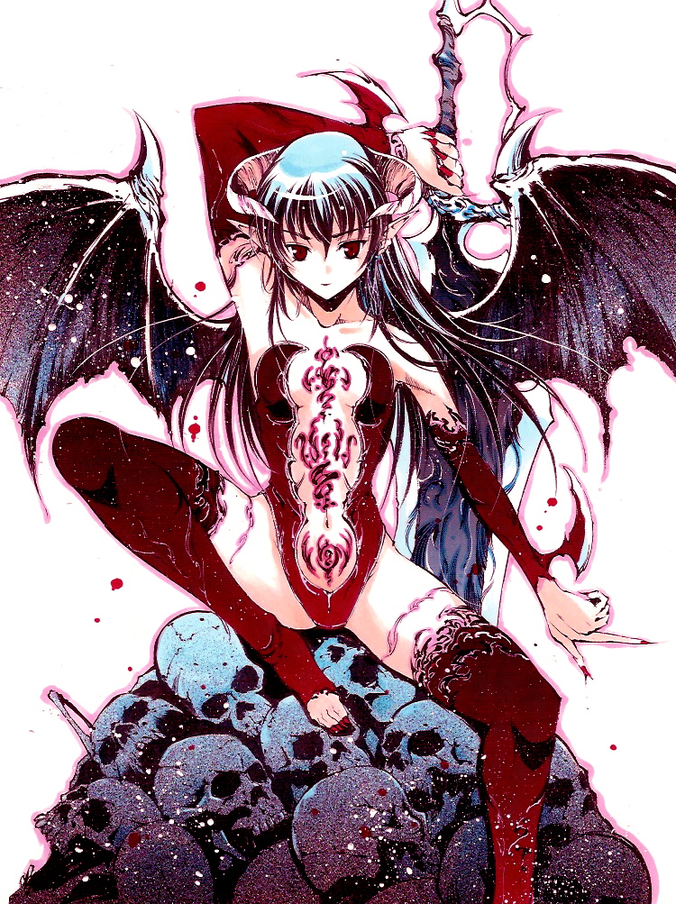 moonsorrow, original, bad id, bad pixiv id, 1girl, bat wings, blue hair, demon girl, elbow gloves, female focus, gloves, horns, long hair, monster girl, red eyes, skull, solo, sword, tattoo, thighhighs, weapon, wings