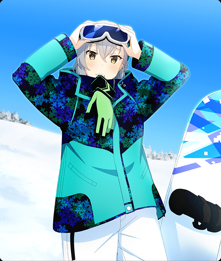 kitora mirja, toji no miko, toji no miko: kizamishi issen no tomoshibi, game cg, official art, third-party source, 1girl, adjusting eyewear, arms up, blue-tinted eyewear, blue jacket, blue sky, blush, braid, clear sky, cowboy shot, day, dot nose, eyewear on head, goggles, grey hair, grin, hand on eyewear, jacket, long sleeves, outdoors, pants, planted, print jacket, sky, smile, snow, snowboard, snowflake print, solo, tinted eyewear, tree, white pants, winter clothes, yellow eyes