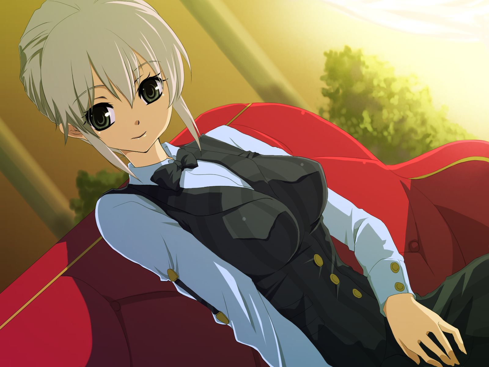 hiiro (kikokico), kiko, receptionist (dream c club), dream c club, dream c club (series), silver hair, highres, 1girl, bow, bowtie, breasts, couch, female focus, green eyes, red upholstery, sitting, solo, vest, waistcoat