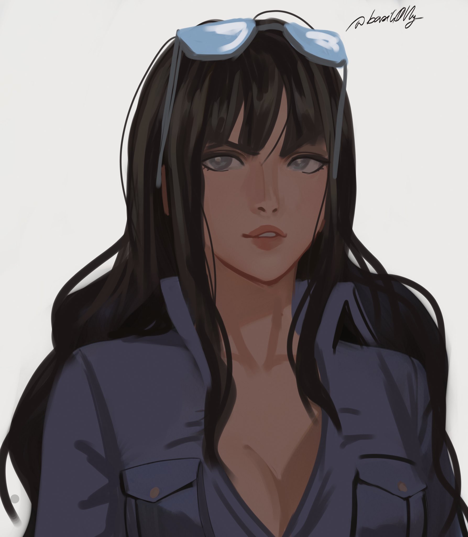 basic0lly, nico robin, one piece, commentary, english commentary, highres, 1girl, blue-tinted eyewear, blunt bangs, collared shirt, eyewear on head, long hair, looking to the side, parted lips, shirt, signature, simple background, solo, tinted eyewear, upper body, v-shaped eyebrows