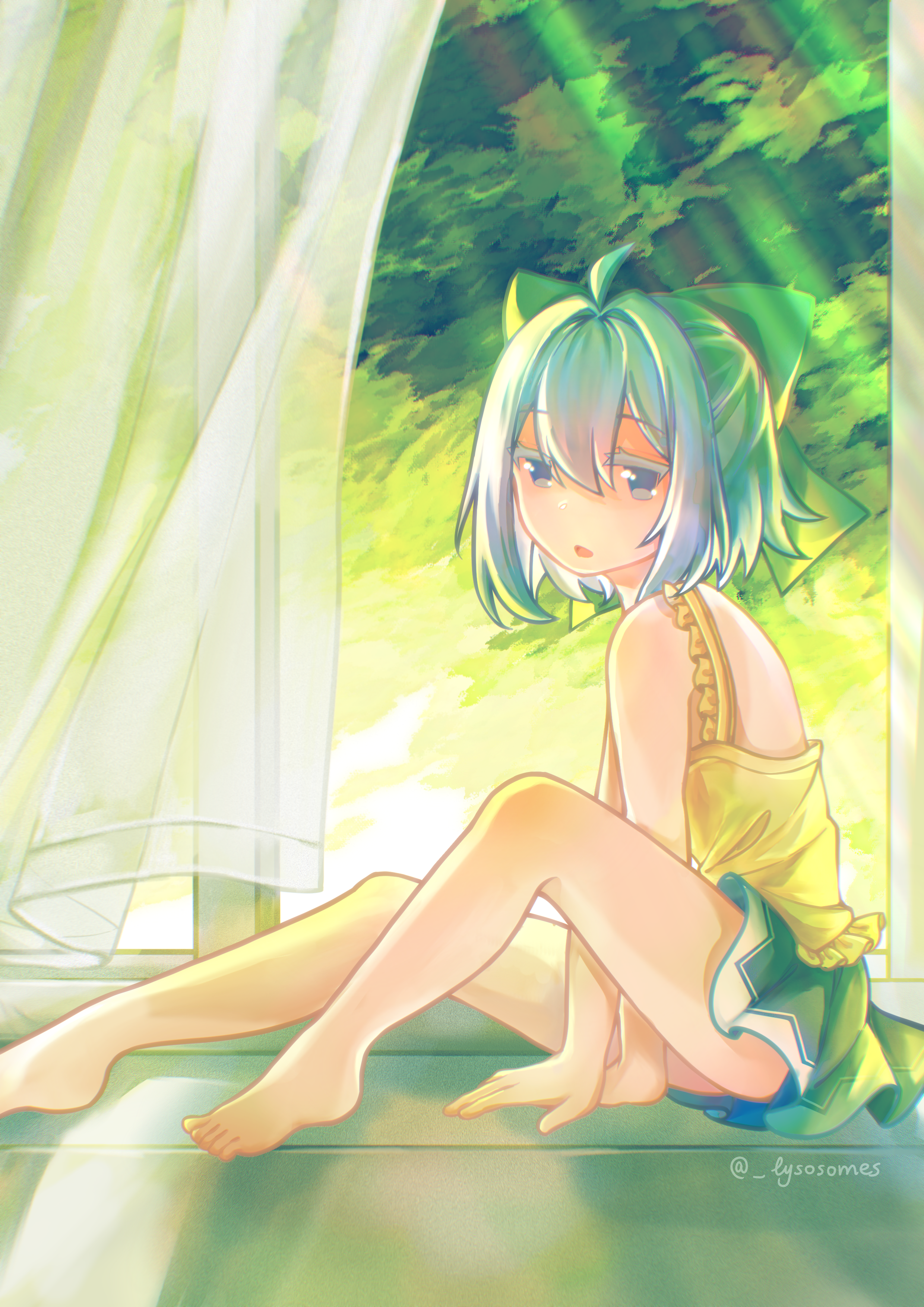 cirno, touhou, absurdres, highres, 1girl, alternate costume, blue bow, blue eyes, blue hair, bow, curtains, hair bow, light rays, lysosomes (lys9s9mes), miniskirt, short hair, sitting, skirt, solo, tank top, tree, twitter username, yellow tank top