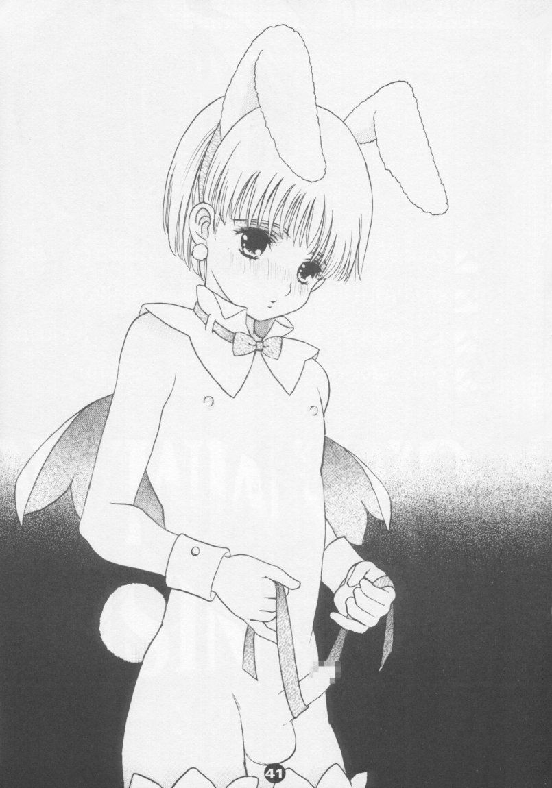artist request, character request, copyright request, source request, 1boy, androgynous, animal ears, blush, bow, bowtie, crossdressing, crossdressing (mtf), male focus, monochrome, nude, penis, penis ribbon, rabbit ears, rabbit tail, ribbon, short hair, shota, solo, tail, wings