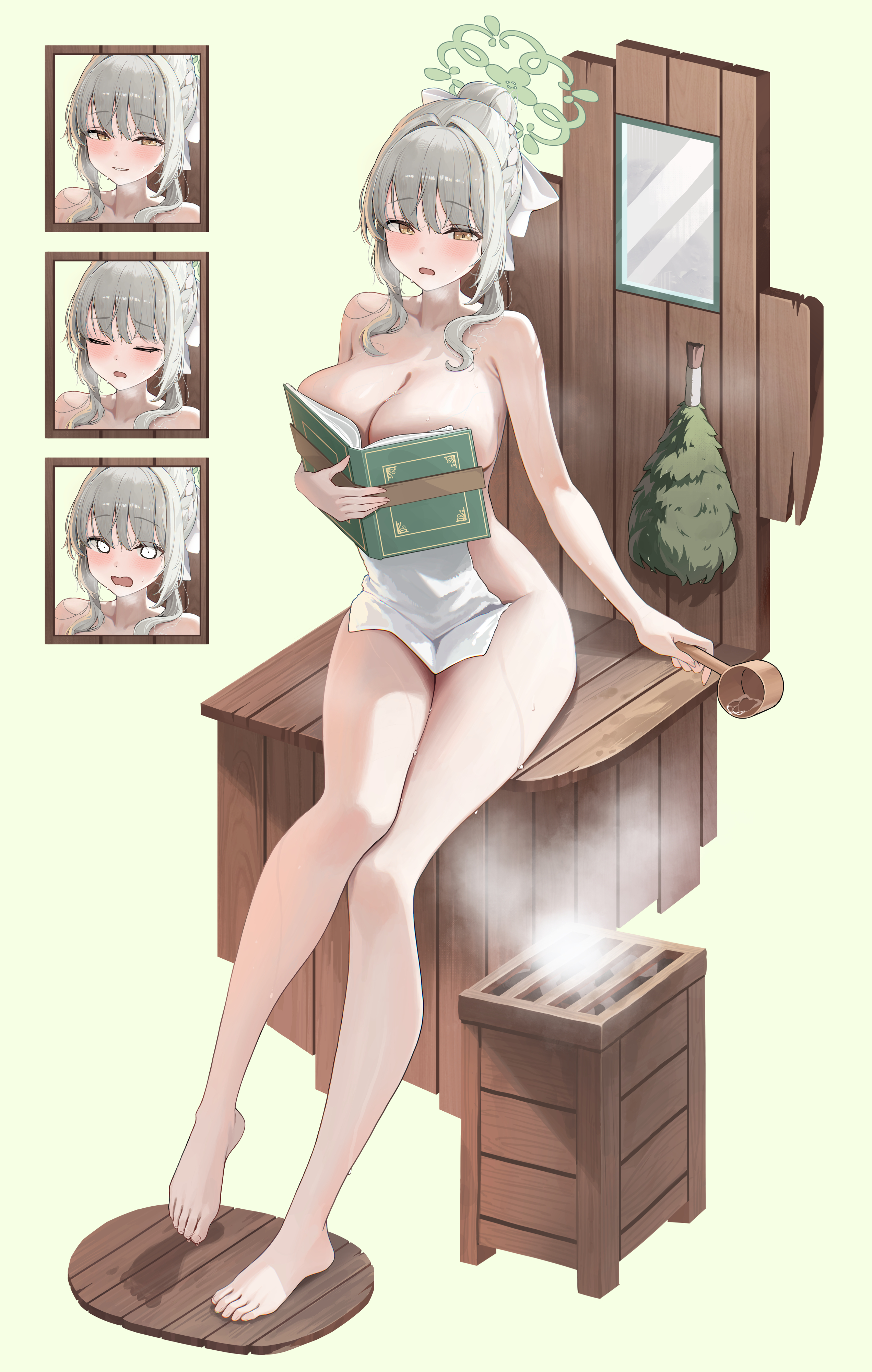 refla, miyo (blue archive), blue archive, absurdres, highres, 1girl, barefoot, book, breasts, collarbone, full body, green background, green halo, grey hair, halo, holding, holding book, large breasts, legs, looking at viewer, naked towel, sauna, sidelocks, simple background, solo, steam, toes, towel, yellow eyes