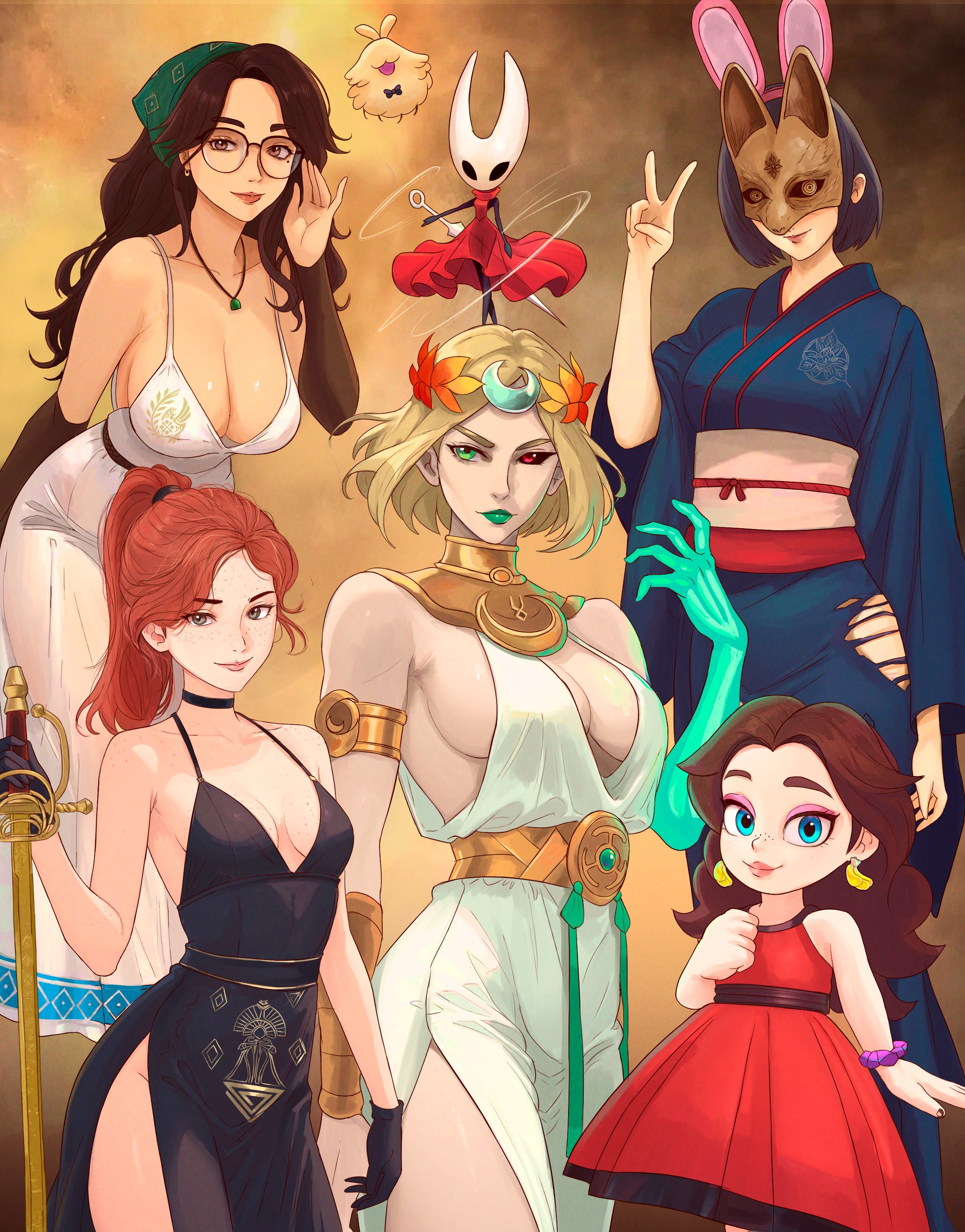 truejekart, alma (monster hunter wilds), hornet (hollow knight), maelle (clair obscur: expedition 33), melinoe (hades), pauline (mario), pauline (young) (mario), shimizu hinako, clair obscur: expedition 33, donkey kong (series), donkey kong bananza, hades (series), hades 2, hollow knight, hollow knight: silksong, monster hunter (series), monster hunter wilds, nintendo, silent hill (series), silent hill f, the game awards, absurdres, highres, 6+girls, ancient greek clothes, animal ears, arthropod girl, asymmetrical arms, bandana, black-framed eyewear, black choker, black dress, black eyes, black gloves, black hair, black sclera, black skin, blonde hair, blue eyes, blue kimono, bone, bracelet, breasts, brown eyes, brown hair, choker, cleavage, cloak, closed mouth, colored sclera, colored skin, dress, earrings, eyeshadow, fox mask, freckles, glasses, gloves, glowing arm, greco-roman clothes, green bandana, green eyes, green lips, hairband, heterochromia, holding, holding sword, holding weapon, hollow eyes, horned mask, horns, japanese clothes, jewelry, kimono, large breasts, laurel crown, long hair, looking at viewer, makeup, mask, medium breasts, mismatched sclera, multiple girls, necklace, needle (hollow knight), obi, pelvic curtain, pink eyeshadow, pink hairband, ponytail, purple eyeshadow, rabbit ears, rapier, red cloak, red dress, red eyes, red hair, sash, short hair, side slit, skeletal arm, sleeveless, sleeveless dress, smile, sword, torn clothes, v, weapon, white dress, white mask