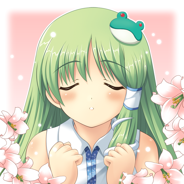yamasan, kochiya sanae, touhou, 1girl, blush, closed eyes, female focus, flower, frog, green hair, hair ornament, incoming kiss, plant, portrait, snake, solo