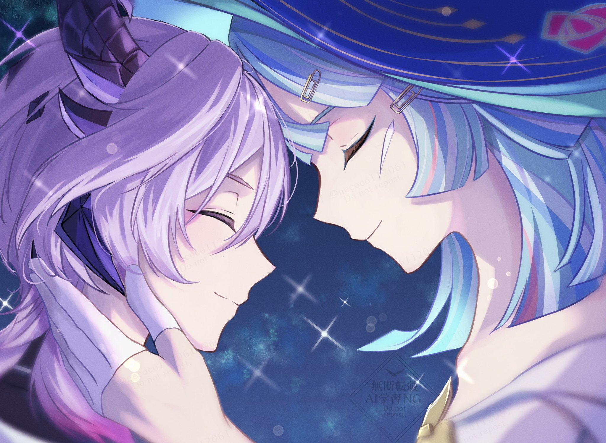 necoco112061, mini durin (genshin impact), mini durin (human) (genshin impact), genshin impact, highres, 1boy, 1girl, andersdotter (genshin impact), blue background, blue hair, blue hat, blunt bangs, blunt ends, closed eyes, closed mouth, collarbone, diffraction spikes, dragon horns, eyelashes, facing another, forehead-to-forehead, from side, gloves, gold, hair ornament, hairclip, half gloves, hand on another's face, hat, heads together, horns, light blush, long hair, mother and son, multicolored hair, purple hair, purple horns, red hair, safety pin, smile, split mouth, star (sky), starry sky background, streaked hair, striped hair, watermark, white gloves, white hair, witch hat