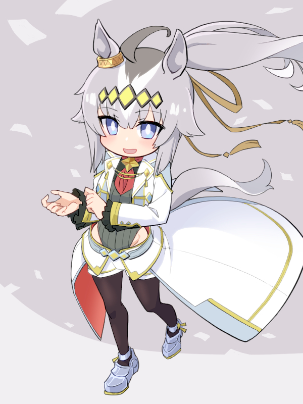 nino (ninouchi irazu), oguri cap (umamusume), umamusume, umamusume: cinderella gray, 1girl, ahoge, animal ears, black leggings, black pantyhose, blue eyes, blush, breasts, brooch, clothing cutout, cropped jacket, ear ornament, grey hair, grey leotard, grey tail, hair between eyes, hair ornament, hair ribbon, hairband, hip vent, horse ears, horse girl, horse tail, jacket, jewelry, leggings, leggings under shorts, leotard, long hair, long sleeves, multicolored hair, neckerchief, official alternate costume, oguri cap (cinderella gray) (umamusume), open mouth, overskirt, pantyhose, pantyhose under shorts, ponytail, red neckerchief, ribbon, shirt, shoes, shorts, smile, solo, star brooch, tail, white jacket, white shorts