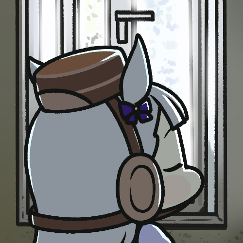 jazz jack, gold ship (umamusume), umamusume, lowres, photo-referenced, 1girl, animal ears, blunt bangs, blush, bow, chibi, closed eyes, ear bow, from behind, grey hair, hat, horse ears, horse girl, long hair, pillbox hat, purple bow, shirt, window